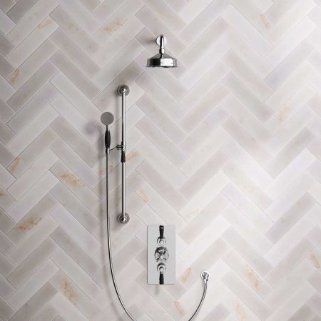 Calder Dual Outlet Shower Kit - Concealed Valve - 6 inch Rose - Black Ceramic Lever - Handshower Slider-Rail - Chrome Finish