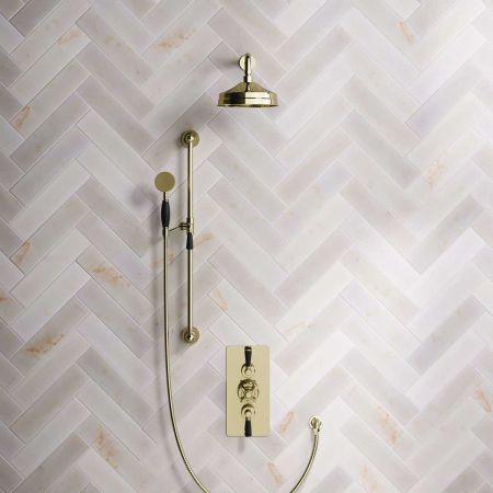 Calder Dual Outlet Shower Kit - Concealed Valve - 8 inch Rose - Black Ceramic Lever - Handshower Slider-Rail - Gold