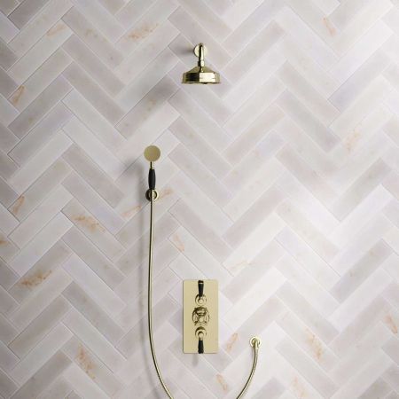 Calder Dual Outlet Shower Kit - Concealed Valve - 6 inch Rose - Black Ceramic Lever - Handshower Hook - Gold