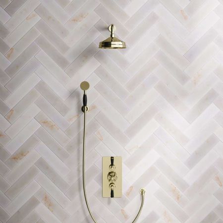 Calder Dual Outlet Shower Kit - Concealed Valve - 8 inch Rose - Black Ceramic Lever - Handshower Hook - Gold