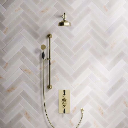 Calder Dual Outlet Shower Kit - Concealed Valve - 6 inch Rose - 500mm Shower Arm - Black Ceramic Lever - Handshower Slider-Rail - Gold