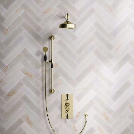 Calder Dual Outlet Shower Kit - Concealed Valve - 8 inch Rose - 500mm Shower Arm - Black Ceramic Lever - Handshower Slider-Rail - Gold