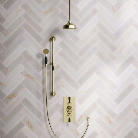 Calder Dual Outlet Shower Kit - Concealed Valve - 6 inch Rose - Black Ceramic Lever - Handshower Slider-Rail - Ceiling Mounted Rose - Gold