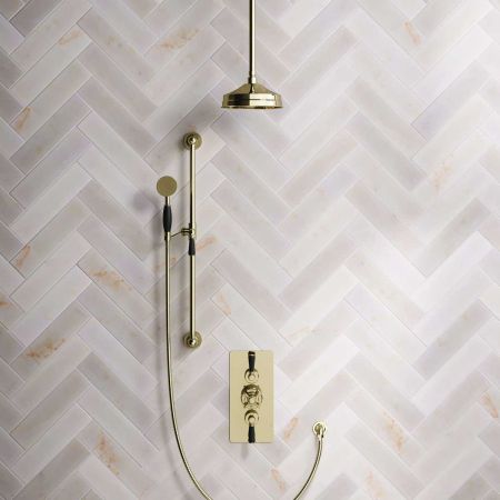 Calder Dual Outlet Shower Kit - Concealed Valve - 8 inch Rose - Black Ceramic Lever - Handshower Slider-Rail - Ceiling Mounted Rose - Gold