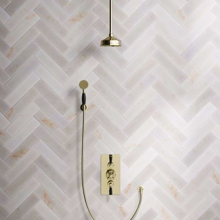 Calder Dual Outlet Shower Kit - Concealed Valve - 6 inch Rose - Black Ceramic Lever - Handshower Hook - Ceiling Mounted Rose - Gold