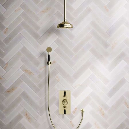 Calder Dual Outlet Shower Kit - Concealed Valve - 8 inch Rose - Black Ceramic Lever - Handshower Hook - Ceiling Mounted Rose - Gold