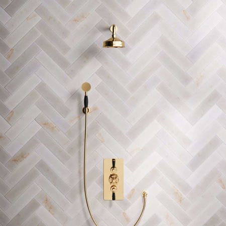 Calder Dual Outlet Shower Kit - Concealed Valve - 6 inch Rose - Black Ceramic Lever - Handshower Hook - Polished Brass