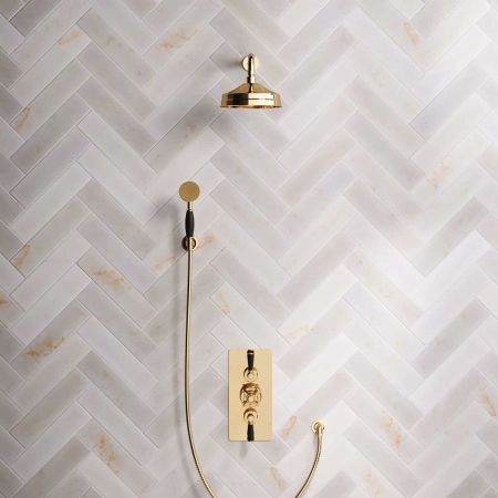 Calder Dual Outlet Shower Kit - Concealed Valve - 8 inch Rose - Black Ceramic Lever - Handshower Hook - Polished Brass