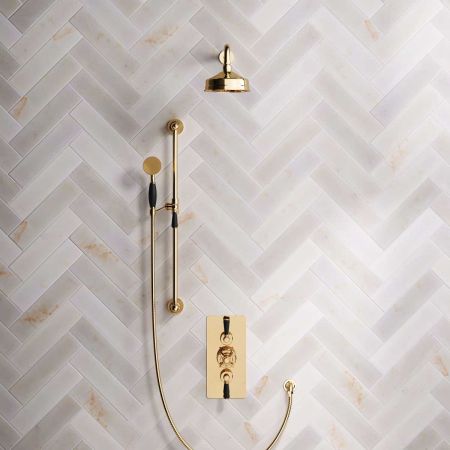 Calder Dual Outlet Shower Kit - Concealed Valve - 6 inch Rose - Black Ceramic Lever - Handshower Slider-Rail - Polished Brass