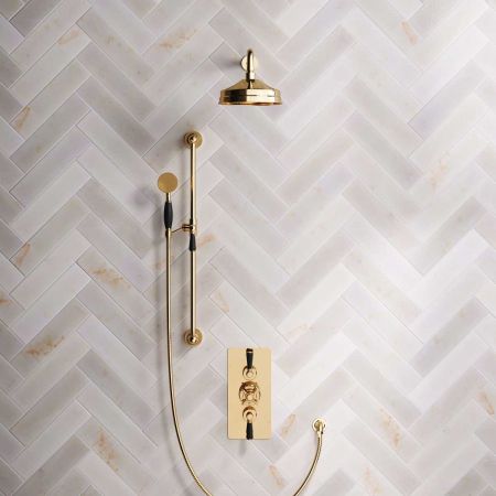 Calder Dual Outlet Shower Kit - Concealed Valve - 8 inch Rose - Black Ceramic Lever - Handshower Slider-Rail - Polished Brass