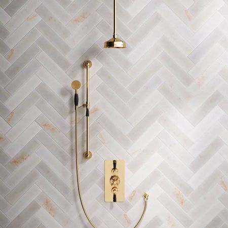 Calder Dual Outlet Shower Kit - Concealed Valve - 6 inch Rose - Black Ceramic Lever - Handshower Slider-Rail - Ceiling Mounted Rose - Polished Brass
