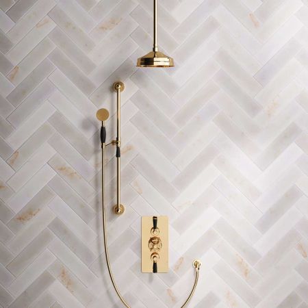 Calder Dual Outlet Shower Kit - Concealed Valve - 8 inch Rose - Black Ceramic Lever - Handshower Slider-Rail - Ceiling Mounted Rose - Polished Brass