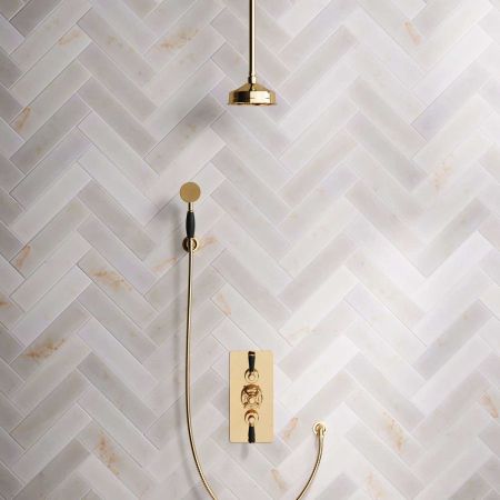 Calder Dual Outlet Shower Kit - Concealed Valve - 6 inch Rose - Black Ceramic Lever - Handshower Hook - Ceiling Mounted Rose - Polished Brass