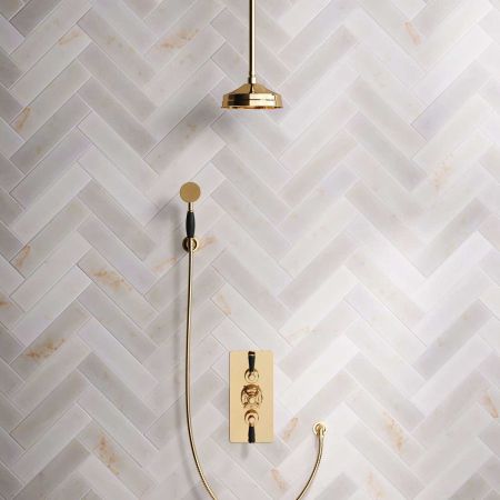 Calder Dual Outlet Shower Kit - Concealed Valve - 8 inch Rose - Black Ceramic Lever - Handshower Hook - Ceiling Mounted Rose - Polished Brass