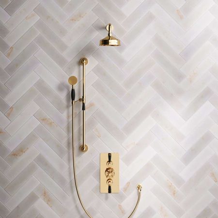 Calder Dual Outlet Shower Kit - Concealed Valve - 6 inch Rose - Black Ceramic Lever - Handshower Slider-Rail - Polished Brass