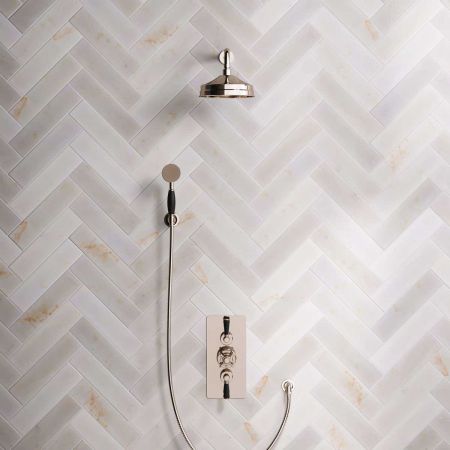 Calder Dual Outlet Shower Kit - Concealed Valve - 8 inch Rose - Black Ceramic Lever - Handshower Hook - Polished Nickel