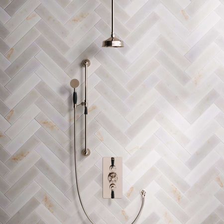 Calder Dual Outlet Shower Kit - Concealed Valve - 6 inch Rose - Black Ceramic Lever - Handshower Slider-Rail - Ceiling Mounted Rose - Polished Nickel