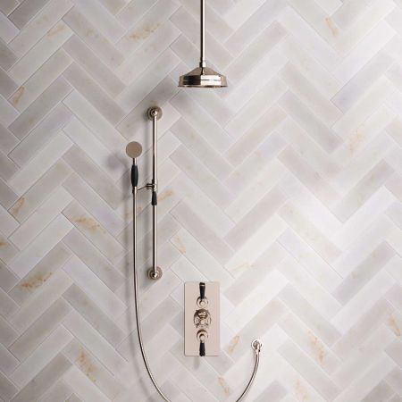 Calder Dual Outlet Shower Kit - Concealed Valve - 8 inch Rose - Black Ceramic Lever - Handshower Slider-Rail - Ceiling Mounted Rose - Polished Nickel