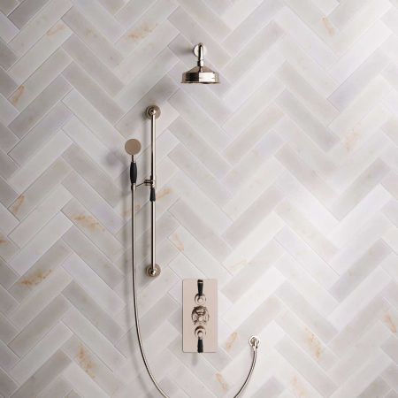 Calder Dual Outlet Shower Kit - Concealed Valve - 6 inch Rose - Black Ceramic Lever - Handshower Slider-Rail - Polished Nickel