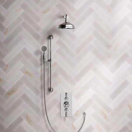 Calder Dual Outlet Shower Kit - Concealed Valve - 8 inch Rose - Metal Lever - Handshower Slider-Rail - Chrome Finish