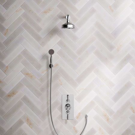 Calder Dual Outlet Shower Kit - Concealed Valve - 6 inch Rose - Metal Lever - Handshower Hook - Chrome Finish