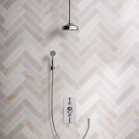 Calder Dual Outlet Shower Kit - Concealed Valve - 8 inch Rose - Metal Lever - Handshower Hook - Ceiling Mounted Rose - Chrome Finish