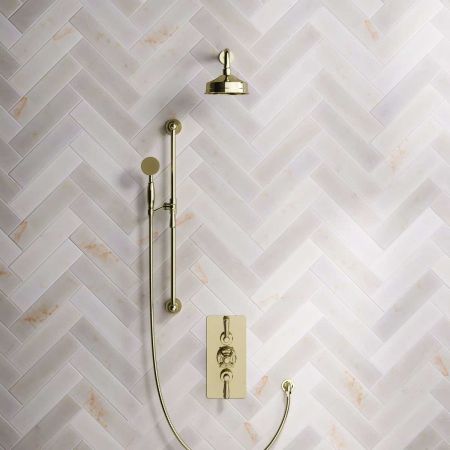 Calder Dual Outlet Shower Kit - Concealed Valve - 6 inch Rose - Metal Lever - Handshower Slider-Rail - Gold