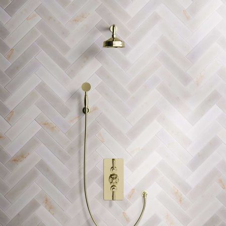 Calder Dual Outlet Shower Kit - Concealed Valve - 6 inch Rose - Metal Lever - Handshower Hook - Gold