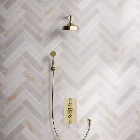 Calder Dual Outlet Shower Kit - Concealed Valve - 8 inch Rose - Metal Lever - Handshower Hook - Gold