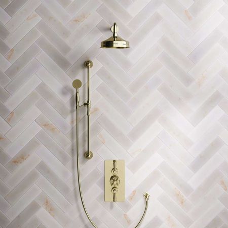 Calder Dual Outlet Shower Kit - Concealed Valve - 8 inch Rose - 500mm Shower Arm - Metal Lever - Handshower Slider-Rail - Gold