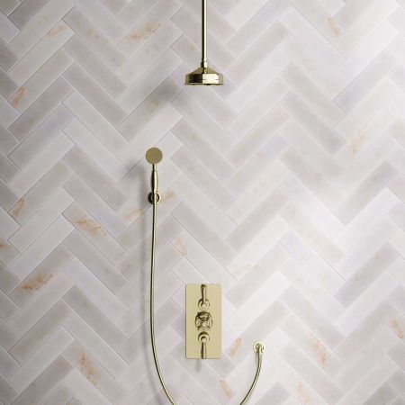 Calder Dual Outlet Shower Kit - Concealed Valve - 6 inch Rose - Metal Lever - Handshower Hook - Ceiling Mounted Rose - Gold
