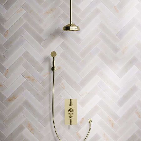 Calder Dual Outlet Shower Kit - Concealed Valve - 8 inch Rose - Metal Lever - Handshower Hook - Ceiling Mounted Rose - Gold