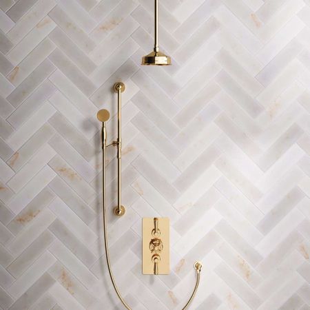 Calder Dual Outlet Shower Kit - Concealed Valve - 6 inch Rose - Metal Lever - Handshower Slider-Rail - Ceiling Mounted Rose - Polished Brass