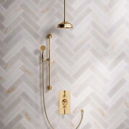 Calder Dual Outlet Shower Kit - Concealed Valve - 8 inch Rose - Metal Lever - Handshower Slider-Rail - Ceiling Mounted Rose - Polished Brass
