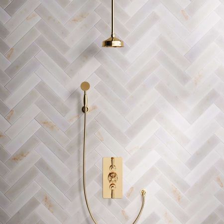 Calder Dual Outlet Shower Kit - Concealed Valve - 6 inch Rose - Metal Lever - Handshower Hook - Ceiling Mounted Rose - Polished Brass