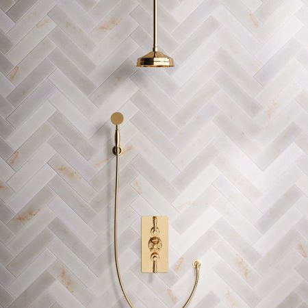 Calder Dual Outlet Shower Kit - Concealed Valve - 8 inch Rose - Metal Lever - Handshower Hook - Ceiling Mounted Rose - Polished Brass