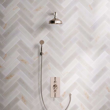 Calder Dual Outlet Shower Kit - Concealed Valve - 8 inch Rose - Metal Lever - Handshower Hook - Polished Nickel