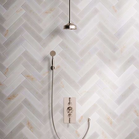 Calder Dual Outlet Shower Kit - Concealed Valve - 6 inch Rose - Metal Lever - Handshower Hook - Ceiling Mounted Rose - Polished Nickel