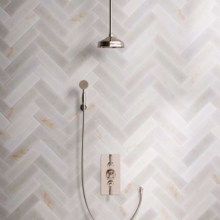 Calder Dual Outlet Shower Kit - Concealed Valve - 8 inch Rose - Metal Lever - Handshower Hook - Ceiling Mounted Rose - Polished Nickel