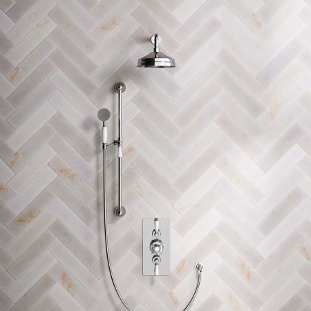 Calder Dual Outlet Shower Kit - Concealed Valve - 8 inch Rose - White Ceramic Lever - Handshower Slider-Rail - Chrome Finish