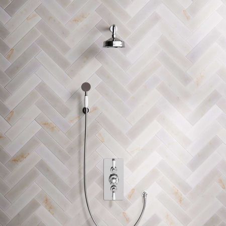 Calder Dual Outlet Shower Kit - Concealed Valve - 6 inch Rose - White Ceramic Lever - Handshower Hook - Chrome Finish