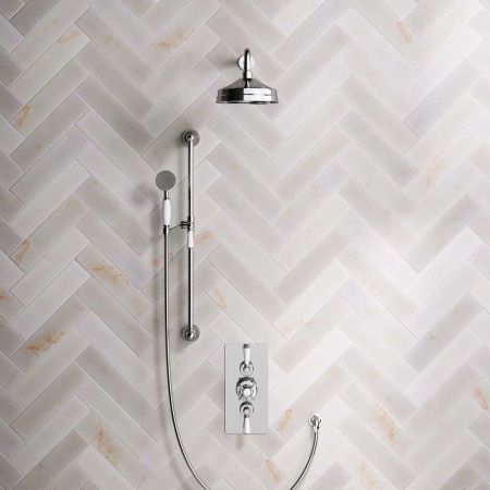 Calder Dual Outlet Shower Kit - Concealed Valve - 8 inch Rose - White Ceramic Lever - Handshower Slider-Rail - Chrome Finish