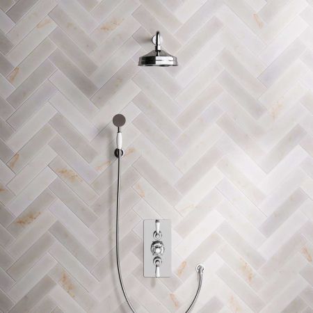 Calder Dual Outlet Shower Kit - Concealed Valve - 8 inch Rose - White Ceramic Lever - Handshower Hook - Chrome Finish