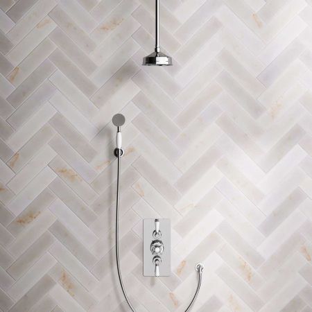 Calder Dual Outlet Shower Kit - Concealed Valve - 6 inch Rose - White Ceramic Lever - Handshower Hook - Ceiling Mounted Rose - Chrome Finish