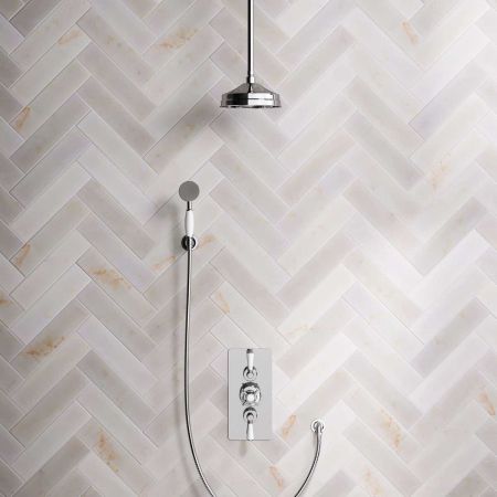 Calder Dual Outlet Shower Kit - Concealed Valve - 8 inch Rose - White Ceramic Lever - Handshower Hook - Ceiling Mounted Rose - Chrome Finish