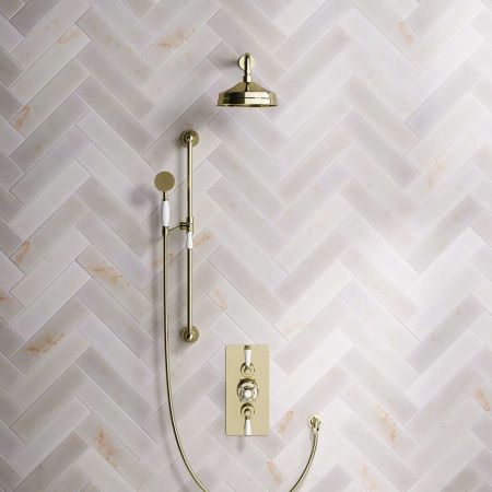 Calder Dual Outlet Shower Kit - Concealed Valve - 8 inch Rose - White Ceramic Lever - Handshower Slider-Rail - Gold