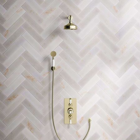 Calder Dual Outlet Shower Kit - Concealed Valve - 6 inch Rose - White Ceramic Lever - Handshower Hook - Gold