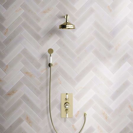 Calder Dual Outlet Shower Kit - Concealed Valve - 8 inch Rose - White Ceramic Lever - Handshower Hook - Gold