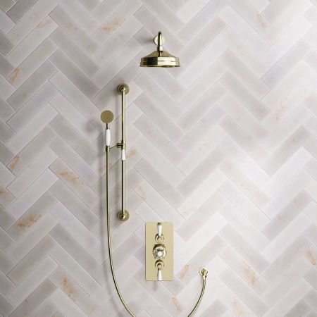 Calder Dual Outlet Shower Kit - Concealed Valve - 8 inch Rose - 500mm Shower Arm - White Ceramic Lever - Handshower Slider-Rail - Gold
