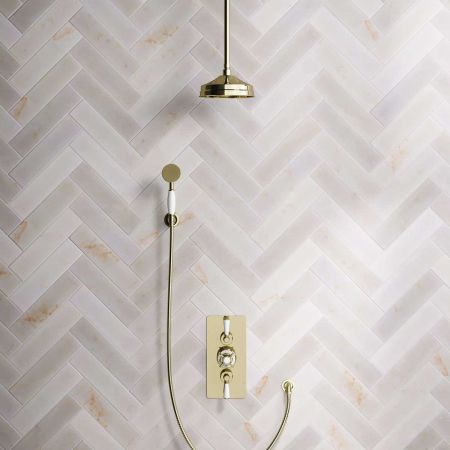 Calder Dual Outlet Shower Kit - Concealed Valve - 8 inch Rose - White Ceramic Lever - Handshower Hook - Ceiling Mounted Rose - Gold